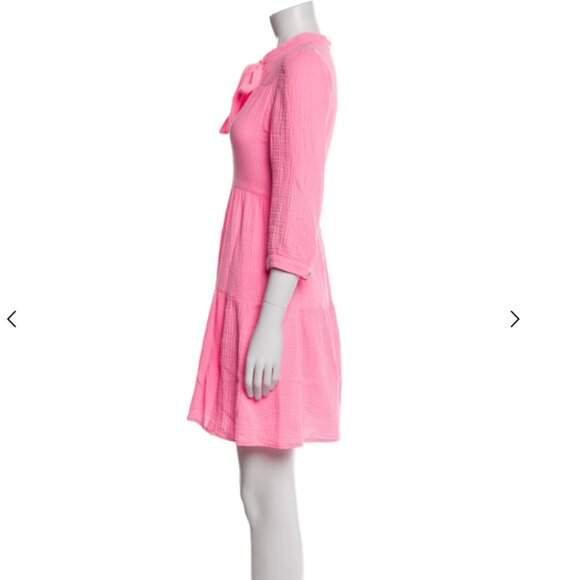 Honorine Pink Tie Neck Mini Dress XS Cotton A Line Tiered 3/4 Sleeve Boho Summer - Picture 3 of 5